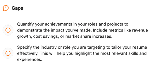 Critical gaps list with improvement tips